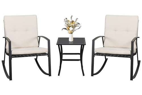 Walsunny 3 Pieces Patio Set Outdoor Wicker Patio Furniture Sets Modern Rocking Bistro Set Rattan Chair Conversation Sets with Coffee Table (Beige)