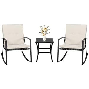 Walsunny 3 Pieces Patio Set Outdoor Wicker Patio Furniture Sets Modern Rocking Bistro Set Rattan Chair Conversation Sets with Coffee Table (Beige)