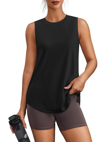 PINSPARK Sport Shirt Damen Ärmelloses Sporttop Sommer UPF 50+ Sonnenschutz Shirt Outdoor Schnelltrocknend Fitness Top Atmungsaktiv Sport Tank Top Lässig Tops Schwarz L
