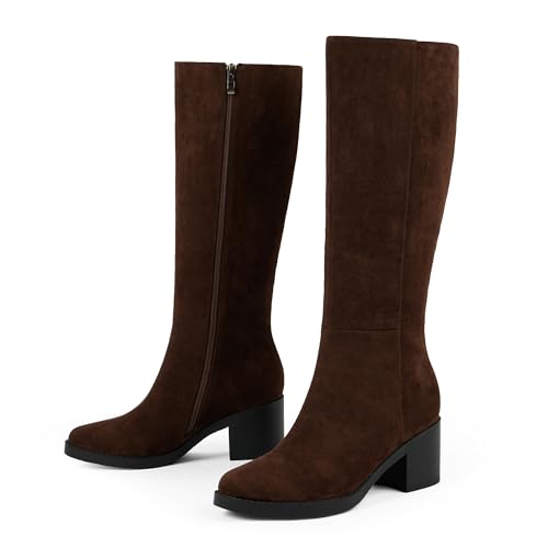 Image of Easyfox Womens Knee High Boots Chunky Low Heel Round Toe Tall Long Boots | Balanced Low Block Heel, Roomy Round Toe, Anti-slip Rubber Outsole, Fashion Heeled Dressy Fall Winter Long Boots for Women