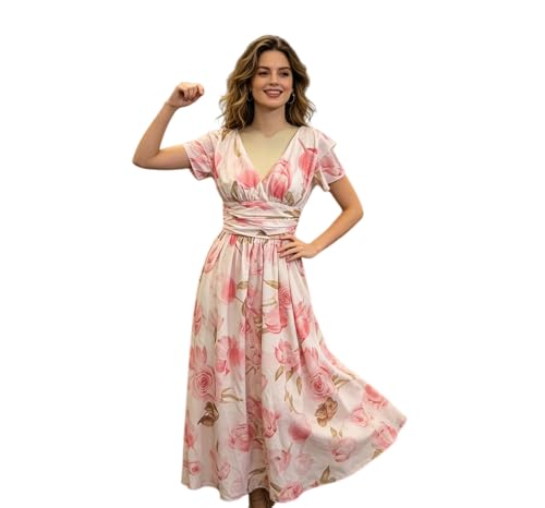 Women Floral Print Long Elegant and Flowing Spring V Neck