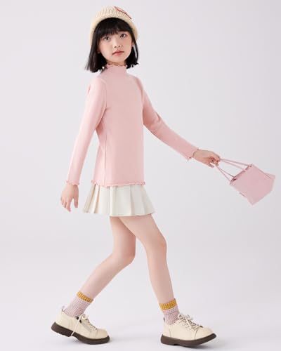 Image of ACESTAR Girls Solid Lettuce Trim Mock Neck Shirt Long Sleeve Slim Fit Ribbed Knit Tee Ruffle Tops Soft Base Layer