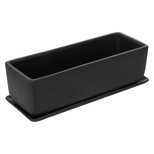 MyGift 14 Inch Ceramic Indoor Plant Pot, Rectangular Succulent Planter, Decorative Flower Planter with Drainage Hole and Removable Tray, Matte Black