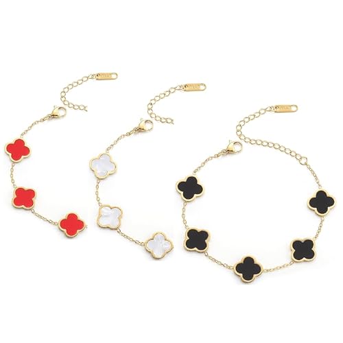 PHOENIX NEST18K gold-plated double-sided women's adjustable clover lucky bracelet set for women, white/black/red/green/red/orange/yellow/blue/indigo/purple flower lucky four leaf bracelet, charming and fashionable jewelry giftBanquet/Christmas Gift (White/Black/Red)