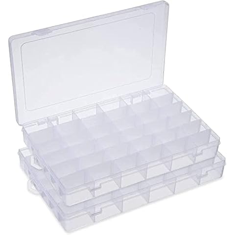 WAIZHIUA 2Pcs Plastic Jewelry Box Organizer 36 Grids Clear Storage Box Container with Adjustable Dividers for Beads Jewelry Earring Toys Small Accessories Cover