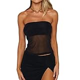 Women’s Strapless Lace Tube Tops Y2K Sheer Mesh Bandeau Crop Tanks Top Summer Sexy Camisole Shirt Clubwear(B-Black, S)