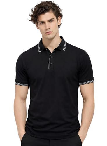 Image of ADRO Mens Premium Cotton Polo T-Shirt | 220 GSM Soft Fabric | Casual Stylish Look | Contrast Collar Design Black Polo T Shirt | Polo Tshirt for All-Day Wear