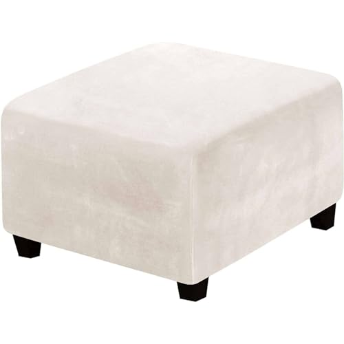 CLGTY Stretch Footstool Slipcovers Square, Velvet Ottoman Cover Non Slip Removable Living Room Folding Storage Stool Cover for Kids Pets-Ivory-Large
