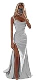 deamify Women's Spaghetti Strap Simple Satin Bridesmaid Dresses Square Neck Silver Pleated Mermaid Formal Dress 2026 Long Prom Dress US14