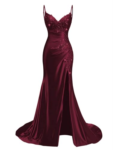 KURFACE Damen Spaghettiträger V-Ausschnitt Pailletten Ballkleider mit Schlitz Korsett Ballkleid Bodenlang Formelles Abendkleid, burgunderfarben, 32