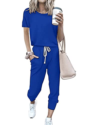 Image of PRETTYGARDEN Women Summer Two Piece Outfits Striped Short Sleeve Pullover and Long Pants Tracksuit Travel Pajama Lounge Set