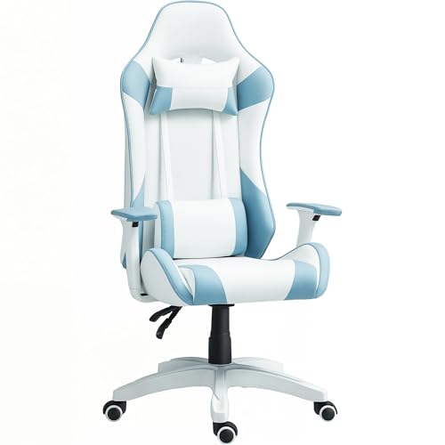HOMCOM Silla Gaming Reclinable Silla Gamer Giratoria Sillón Gamer Profesional con Cojín Lumbar Reposabrazos 3D Reposacabezas Extraíble y Altura Ajustable Blanco y Azul