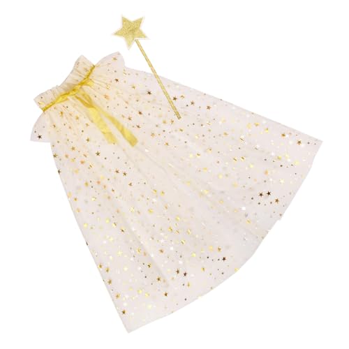 Conjunto de 2 peças de varinha decorada com estrelas e camada de malha para sessões de fotos, acessórios para festas de disfarces infantis e apresentações, capa de tule para crianças