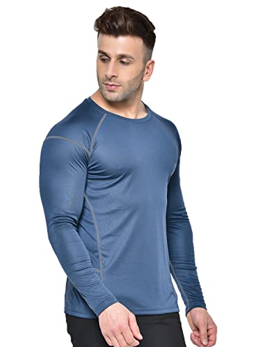 Image of CHKOKKO Men's Round Neck Full Sleeve Regular Fit Lightweight Quick Dry Self Design Activewear Gym Sports T-Shirt for Workout Training Fitness and Running IndigoGrey XXL