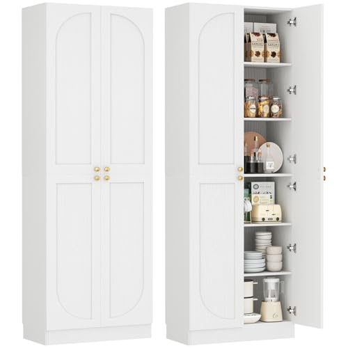 Cyclysio 80' Kitchen Pantry, Extra Tall Arch Storage Cabinet with 4 Doors and Adjustable Shelves, Freestanding Wood Cupboard with Seamless Fit Wall for Dining Living Room Bathroom Furniture