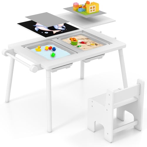 HONEY JOY Sensory Table and Chair Set, Wooden Sand & Water Activity Set w/Paper Roll, Blackboard & Whiteboard, Building Block Boards, Storage Bins, Kids Table for Boys Girls Aged 2-8 (White)