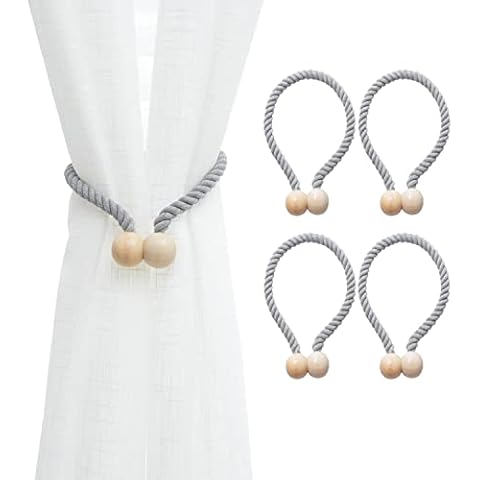 JQWUPUP 4 Pack Magnetic Rope Curtain Tiebacks Outdoor Curtain Tiebacks Decorative for Drapes Farmhouse Curtain Holdbacks with Cotton Hand Woven (Grey) Cover