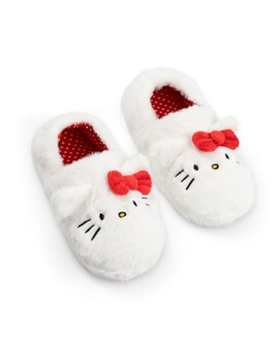 Hello Kitty Pantoufles blanches à enfiler pour filles | Chaussures d'intérieur moelleuses avec oreilles 3D et nœud | Pantoufles confortables à l'effigie de...