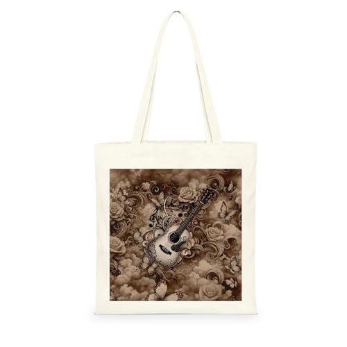 Genérico Bolsa Tote Bag 35X38Cm Guitarra Bolsa Tela Para Pintar Estampada Bolsas De Con Algodon Asas Blanca Por Niñas Y Mujeres Lienzo Bolsas Eco, Lavadora, Compras, Vacaciones, Trabajo