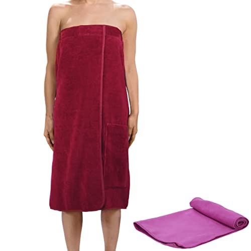 valuents Toalla de sauna para mujer de algodón, color rojo baya, talla única, con cierre de velcro, 80 x 130 cm + plus: toalla Cover