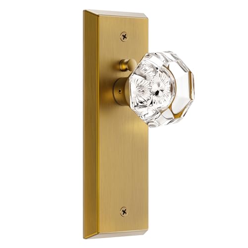 Image of Glass Door Knobs for Interior Doors - Vintage Crystal Privacy Bedroom & Bathroom Door Knob with Lock - Diamond Cut Door Handle - Antique Brass Finish (1 Pack 7 Inch Height)
