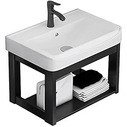 Fregadero Ceramica Exterior Lavabo suspendido,fregadero de lavandería,fregadero de cerámica,Fregadero independiente de cerámica con estantes de trabajo y almacenamiento Uso en exteriores, interiores, garaje, baño. ( Size : 51*36