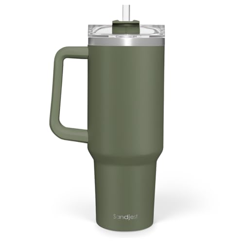 Image of SANDJEST Stainless Steel Insulated Tumbler with Handle 40oz With Lid and Straw, Coffee Travel Cup for Men Women Friends Family, Gifts for Christmas Birthday (Olive)