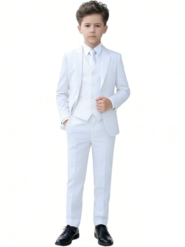 Toddler Baby Boy White Suit Slim Fit 5 Pieces First Communion Kids Suits Ring Bearer Outfit for Wedding Guest Tuxedos Formal Dress Clothes Teen Youth Boys Size 3T