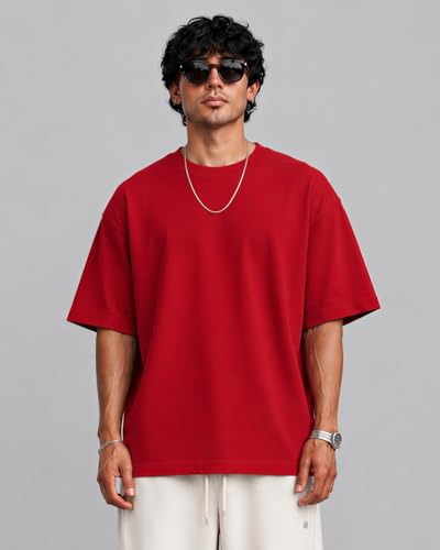 Image of PeaceOut Oversized T Shirt for Men | 240 GSM Heavyweight Cotton T Shirt | Drop Shoulder Oversized Tshirt for Men | Baggy Loose Fit Streetwear Round Neck Half Sleeve Casual Wear