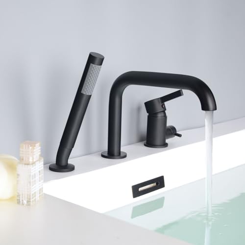 Grifo para bañera romano con rociador, montaje en cubierta, caño rotativo de latón de alta capacidad, acabado negro mate, modelo 5YMK miniatura 4