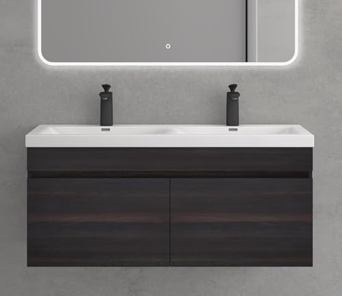 maimai Mobile Bagno Sospeso 144x48x55cm, Mobile da Bagno con Lavabo Doppio, Marrone Scuro