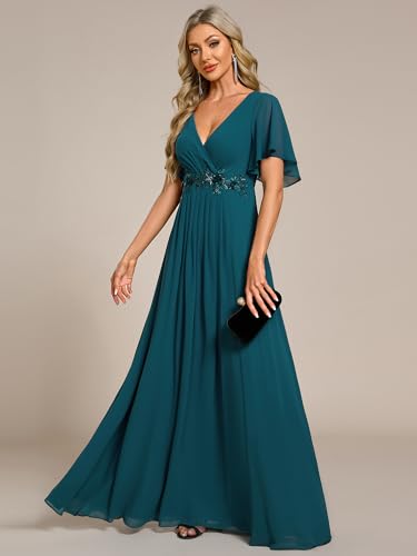 Image of Ever-Pretty Womens V Neck Applique Mother of the Bride Dresses Formal Dress | Chiffon, Short Sleeves, Ruched, A-Line, Bridesmaid Dresses, Formal Gown, Black Tie Dress