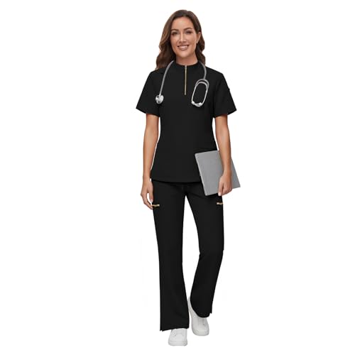Gargey Scrubs for Women - Zip Front Top & Flare Pant Stretch Nursing Women’s Scrubs Set Medical Uniform — view 2