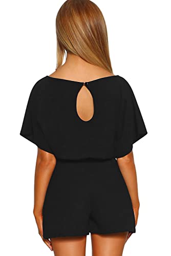 Addkaka Womens Casual Crew Neck Short Sleeve Jumpsuits Waist Belted Short Rompers Black 6 Xx-Large #TOP1