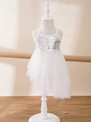 TiaoBug Kids Girls Sequins Ballet Tutu Dress Shiny Sparkle Ballerina Dance Costumes Gymnastics Leotard Dress Ivory 7-8 - Thumbnail 4