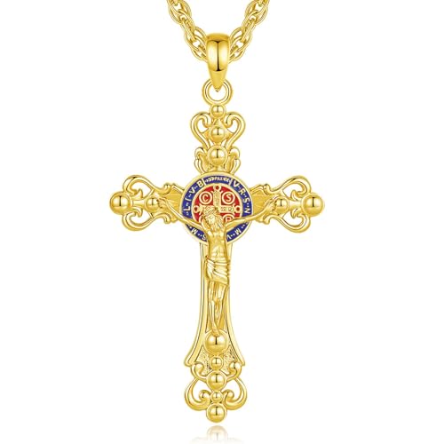 INFUSEU Collares con colgante religioso católico para hombres y mujeres, joyería de fe de crucifijo de San Miguel Cristóbal Benito, cadena de 56 a 60 cm, Medio, Chapado en oro, Esmalte hecho a mano