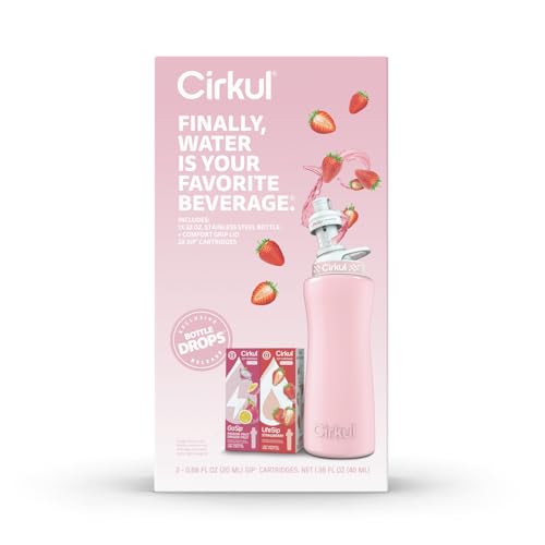 Cirkul 32oz. Blush Pink Stainless Steel Water Bottle Starter Kit with Pink Lid and 2 Flavor Cartridges (1 LifeSip Strawberry, 1 GoSip Passion Fruit Dragon Fruit) No Sugar, Zero Calorie Drink Mix