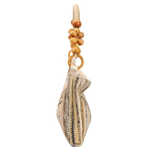 Image of Small Straw Shoulder Bag for Women, Woven Summer Handbag with Wooden Beaded Handle Vacation Purse