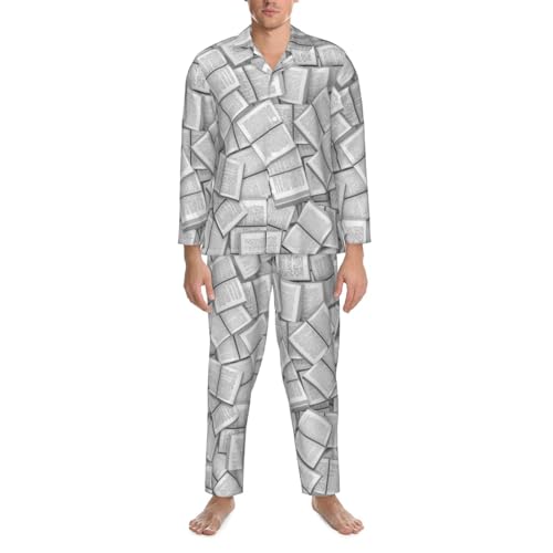3d Open Books Mens Pajamas Set Button Down Sleepwear Set Long Sleeve Loungewear With Pockets