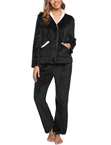 iClosam Pyjama Femme Hiver Ensemble Pyjama Femme Polaire Ultra-Douce Chaud Hauts et Bas de Pyjama en Flanelle avec 2 Poches Noir XL