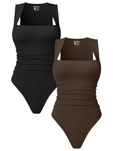 OQQ Womens Square Neck Sleeveless Bodysuit Shapewear Tank Top Stretchy Slim Fit Bodycon Top for Going Out 2 Pack Black Darkbrown