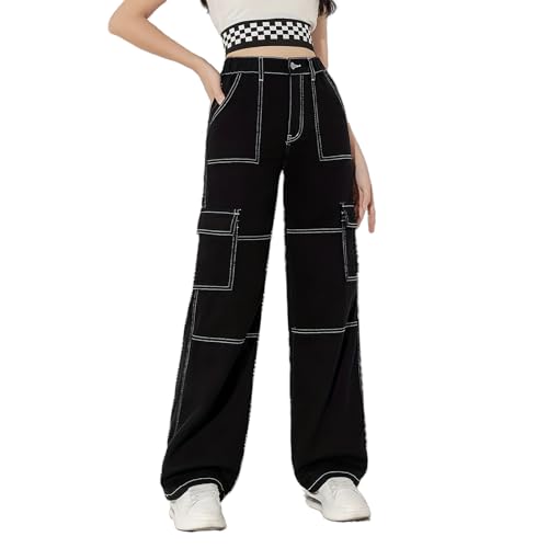 Girls Baggy Cargo Jeans Y2K Elastic Waist Straight Wide Leg Loose Denim Pants with Flap Pockets