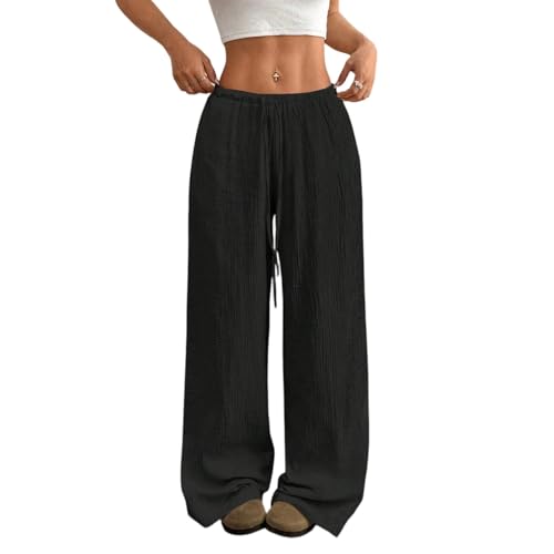 Travel Pants Drawstring Elastic Waist Casual Palazzo Pants Wide Leg Beach Trousers with Pockets