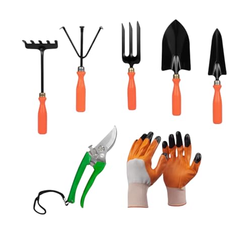 Image of Tools, 7Pcs Gardening Tools Kit for Home Garden - (Cultivator, Fork, Trowels, Weeder, Gloves, Pruner Cutter), Lightweight, Portable, Durable Gardening Items for Indoor and Outdoor Use