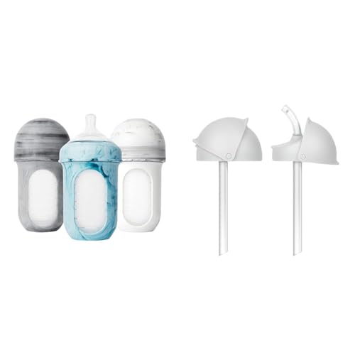 Image of Boon Nursh Silicone Baby Bottles with Conversion Straw Sippy Cup Lids - Stage 2 Medium Flow Nipples - 8 Oz - 3 Count