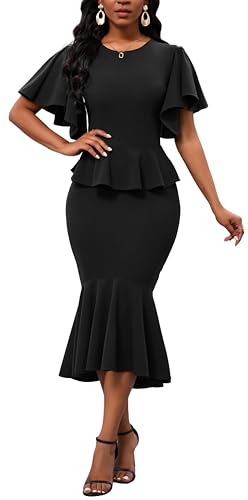 Womens Summer Ruffle Short Sleeve Fishtail Dress Evening Cocktail Formal Peplum Midi Mermaid Dresses Elegant4