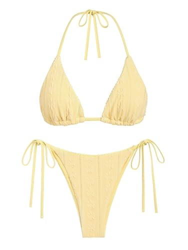 seamoly Contrast Binding Textured Halter Triangle Tie Side Bikini Set