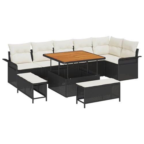 Homgoday Juego de 9 sofás de jardín con cojines de polirratán de acacia, 2 plazas, con espacio de almacenamiento y cojines, color negro de polirratán, juego de comedor de 3 piezas con cojines de