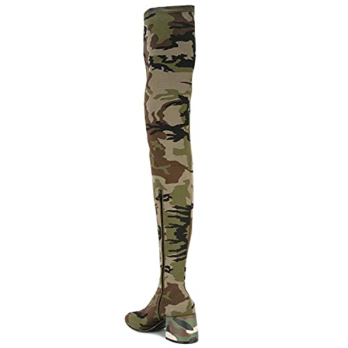 FOWT Women Camouflage Stretch Over The Knee Thigh High Boots Slim Calf Long Sock Boots Mid Block Heel Side Zipper Round Toe Green Shoes Winter Fall Army Party Daily Shoes Size 4-16 US2
