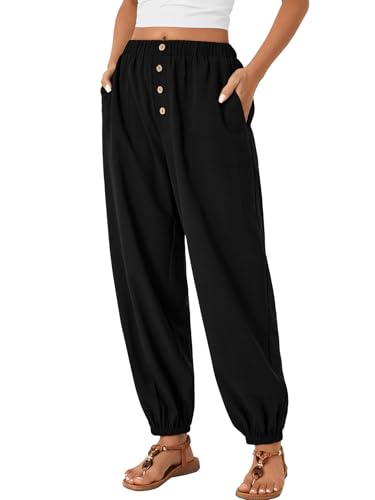 LYANER Women's Casual Elastic High Waist Buttons Decoration Baggy Loose Wide Leg Ankle Pants Black X-Large3